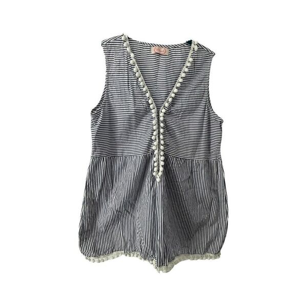 Blush Pom Pom Sleeveless Top Blue White Striped Deep Adjustable V Neck Womens L - Picture 1 of 10